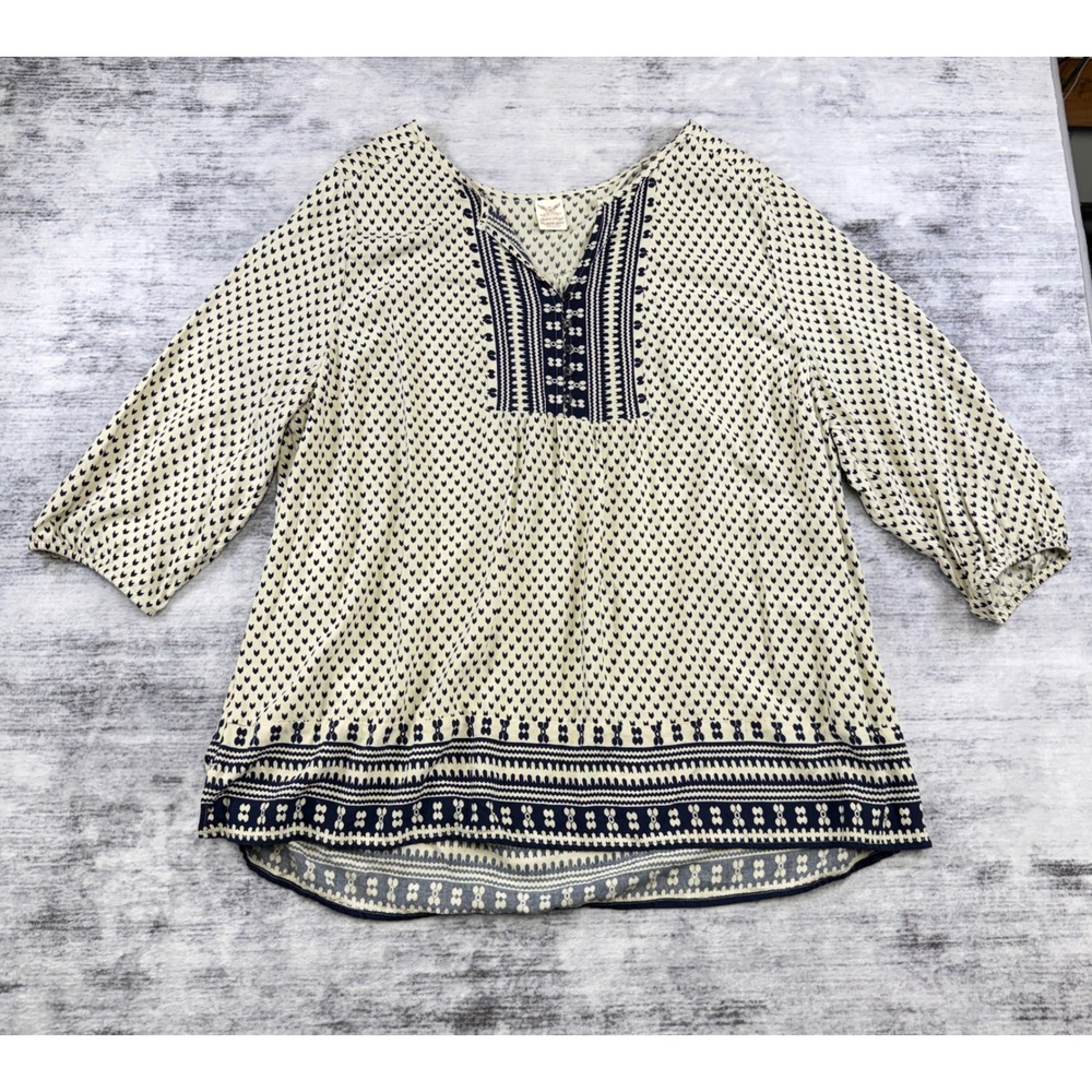 Faded Glory Womens 4X Plus Boho Rayon Blouse Navy Cream Geometric 3/4 Sleeve Top